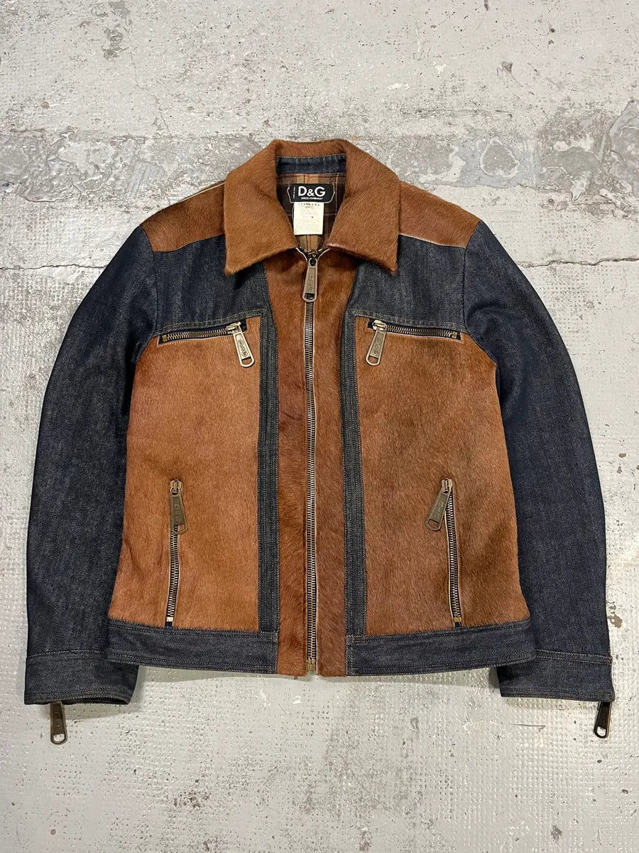 AW2005 Dolce & Gabbana Hybrid Blue Denim & Brown Pony Hair Jacket bgsiKMb 0
