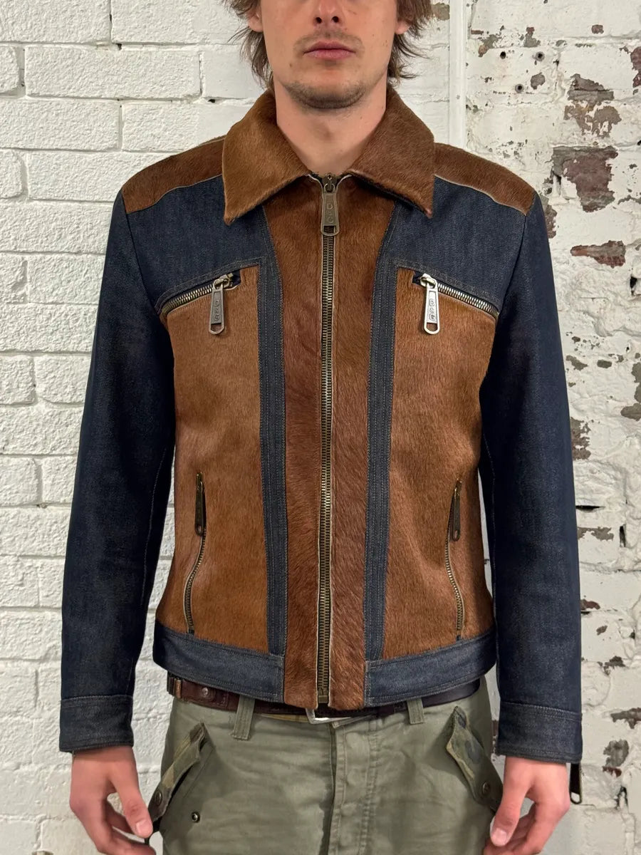 AW2005 Dolce & Gabbana Hybrid Blue Denim & Brown Pony Hair Jacket bgsiKMb 1