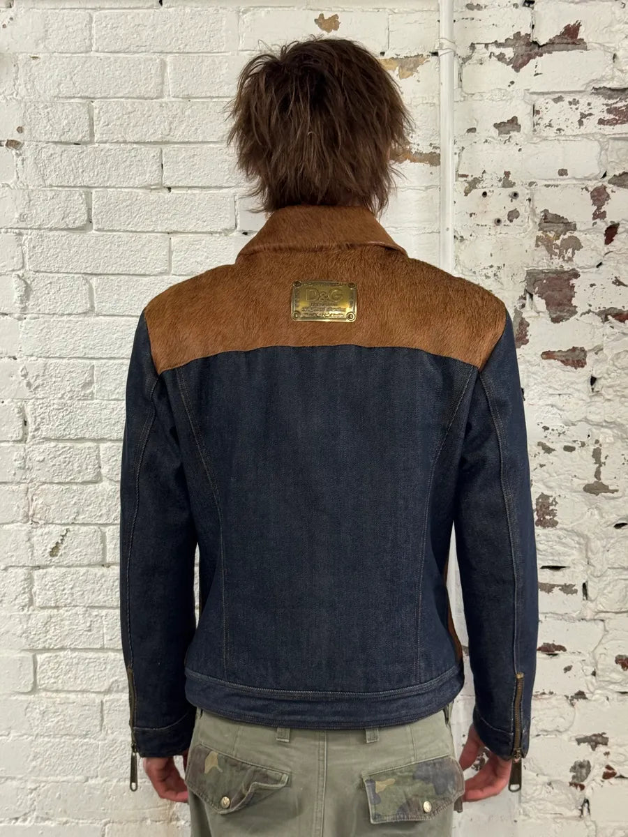 AW2005 Dolce & Gabbana Hybrid Blue Denim & Brown Pony Hair Jacket bgsiKMb 2
