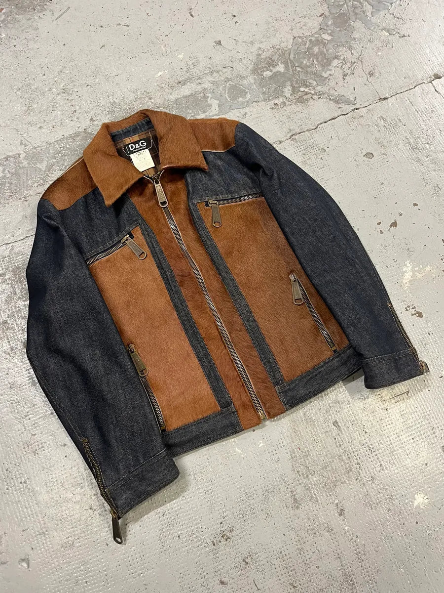 AW2005 Dolce & Gabbana Hybrid Blue Denim & Brown Pony Hair Jacket bgsiKMb 3