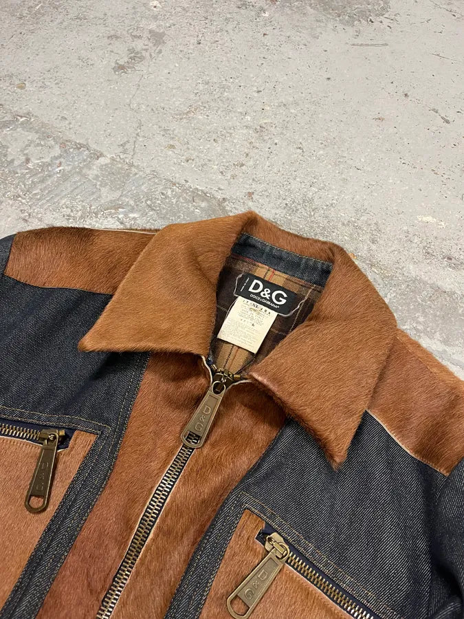 AW2005 Dolce & Gabbana Hybrid Blue Denim & Brown Pony Hair Jacket bgsiKMb 4