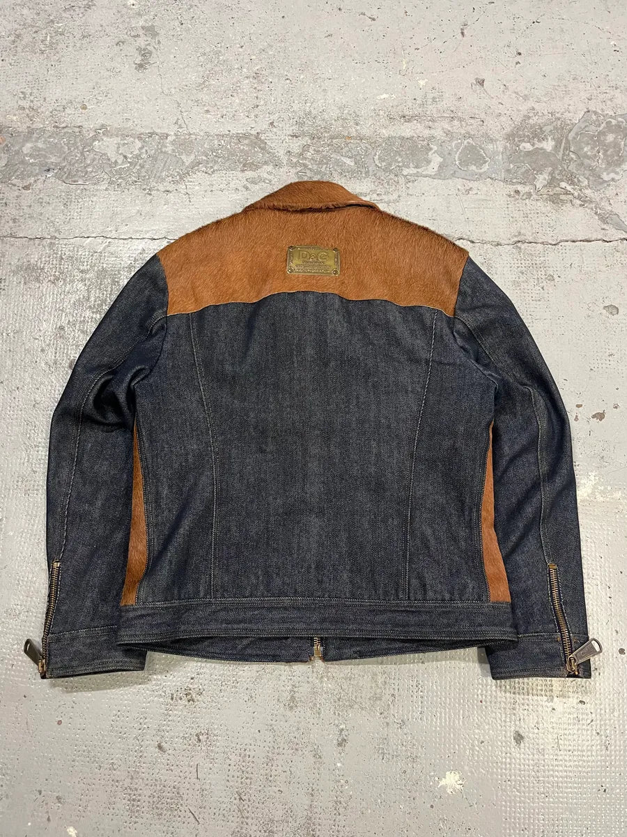 AW2005 Dolce & Gabbana Hybrid Blue Denim & Brown Pony Hair Jacket bgsiKMb 6
