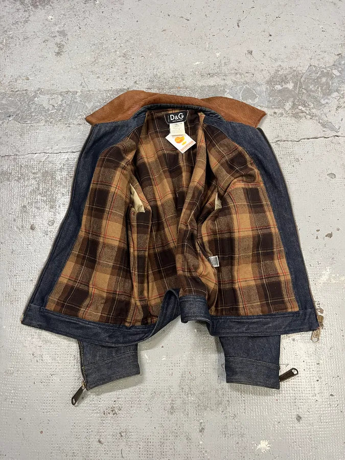 AW2005 Dolce & Gabbana Hybrid Blue Denim & Brown Pony Hair Jacket bgsiKMb 9