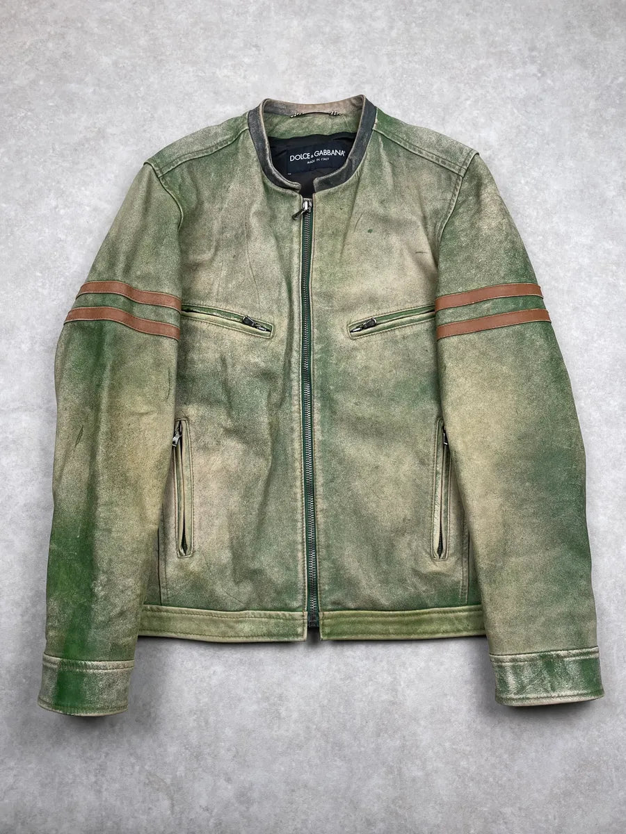 AW2005 Dolce & Gabbana Olive Leather Striped Biker Leather Jacket XOaGYFj 0