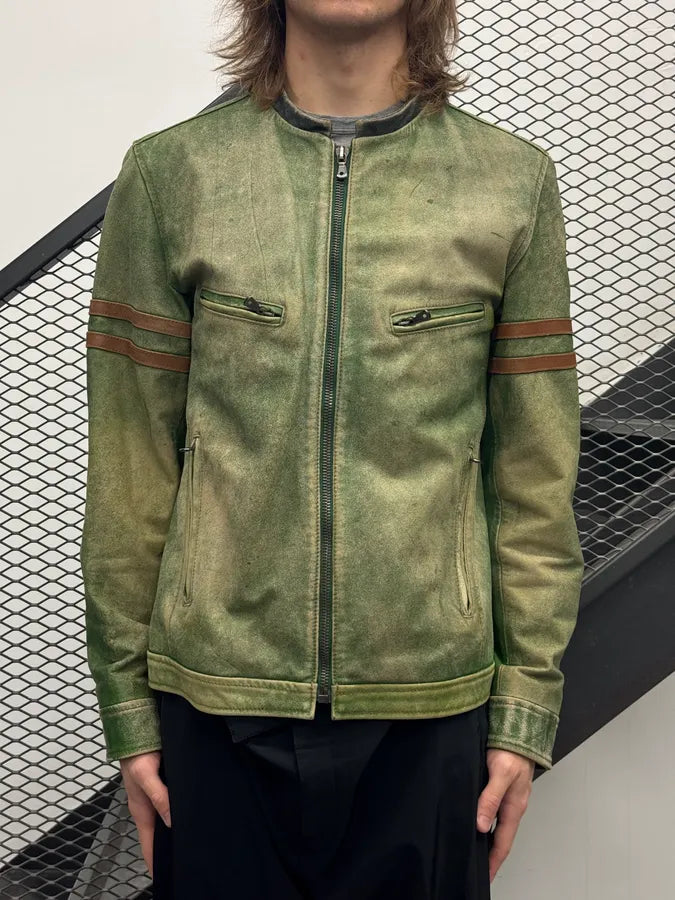 AW2005 Dolce & Gabbana Olive Leather Striped Biker Leather Jacket XOaGYFj 1