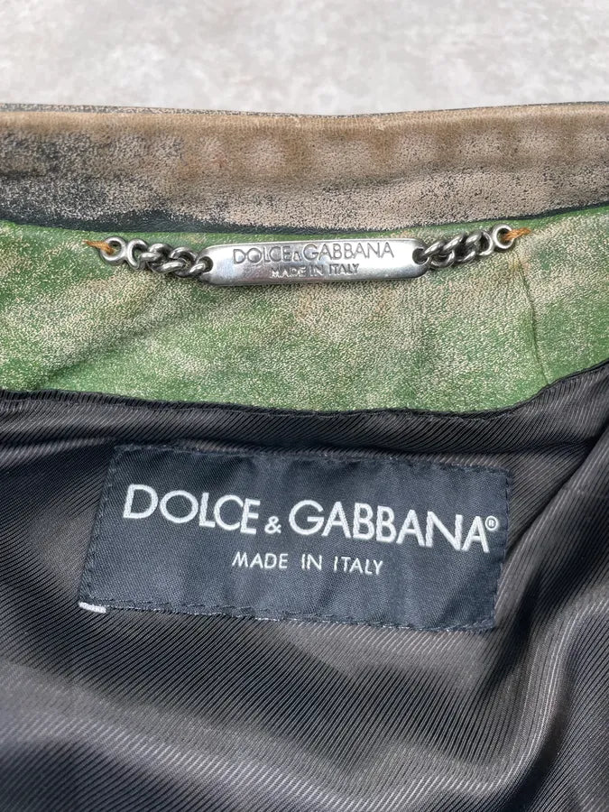 AW2005 Dolce & Gabbana Olive Leather Striped Biker Leather Jacket XOaGYFj 10