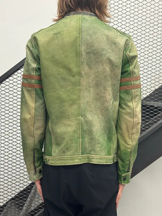 AW2005 Dolce & Gabbana Olive Leather Striped Biker Leather Jacket XOaGYFj 2