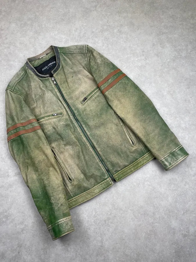 AW2005 Dolce & Gabbana Olive Leather Striped Biker Leather Jacket XOaGYFj 3