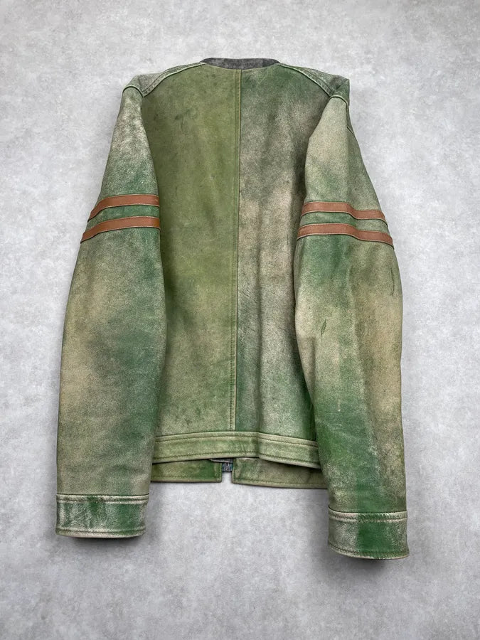 AW2005 Dolce & Gabbana Olive Leather Striped Biker Leather Jacket XOaGYFj 4