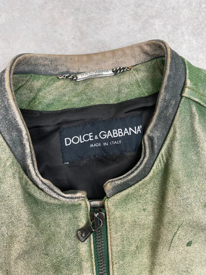 AW2005 Dolce & Gabbana Olive Leather Striped Biker Leather Jacket XOaGYFj 5