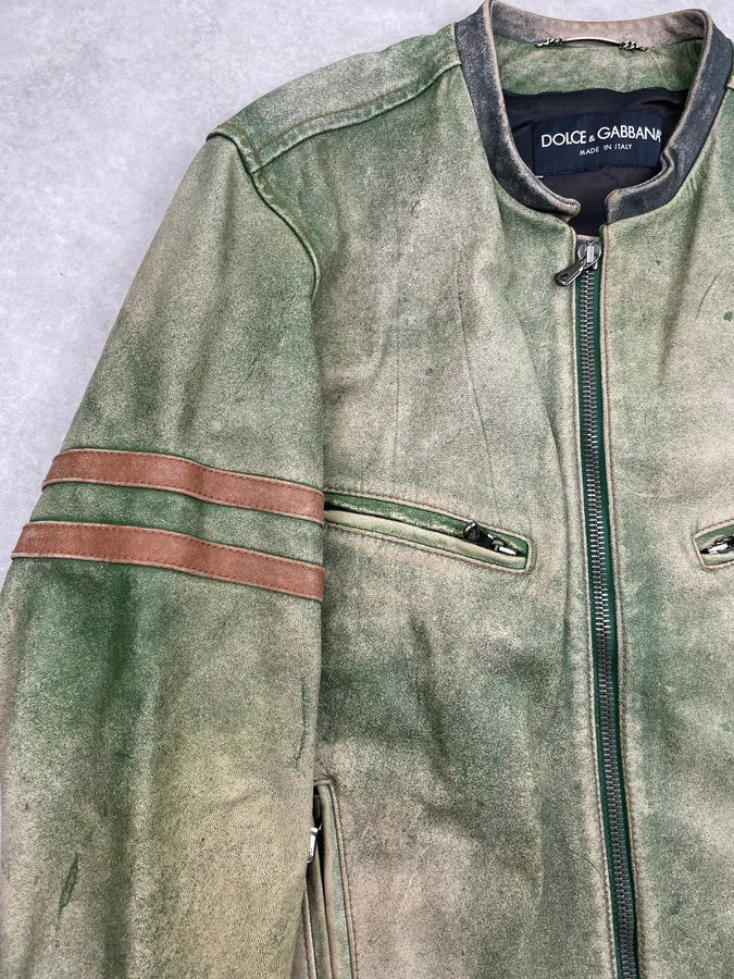 AW2005 Dolce & Gabbana Olive Leather Striped Biker Leather Jacket XOaGYFj 6