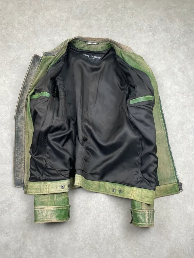 AW2005 Dolce & Gabbana Olive Leather Striped Biker Leather Jacket XOaGYFj 9