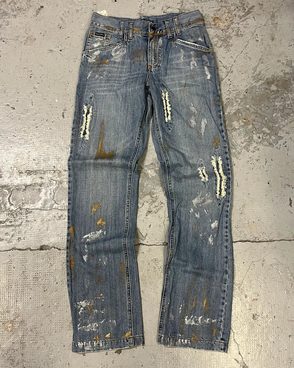 AW2005 Dolce & Gabbana Painted Blue Denim Jeans AJiIYpT 0