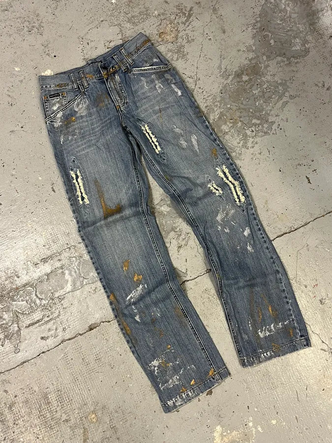 AW2005 Dolce & Gabbana Painted Blue Denim Jeans AJiIYpT 4