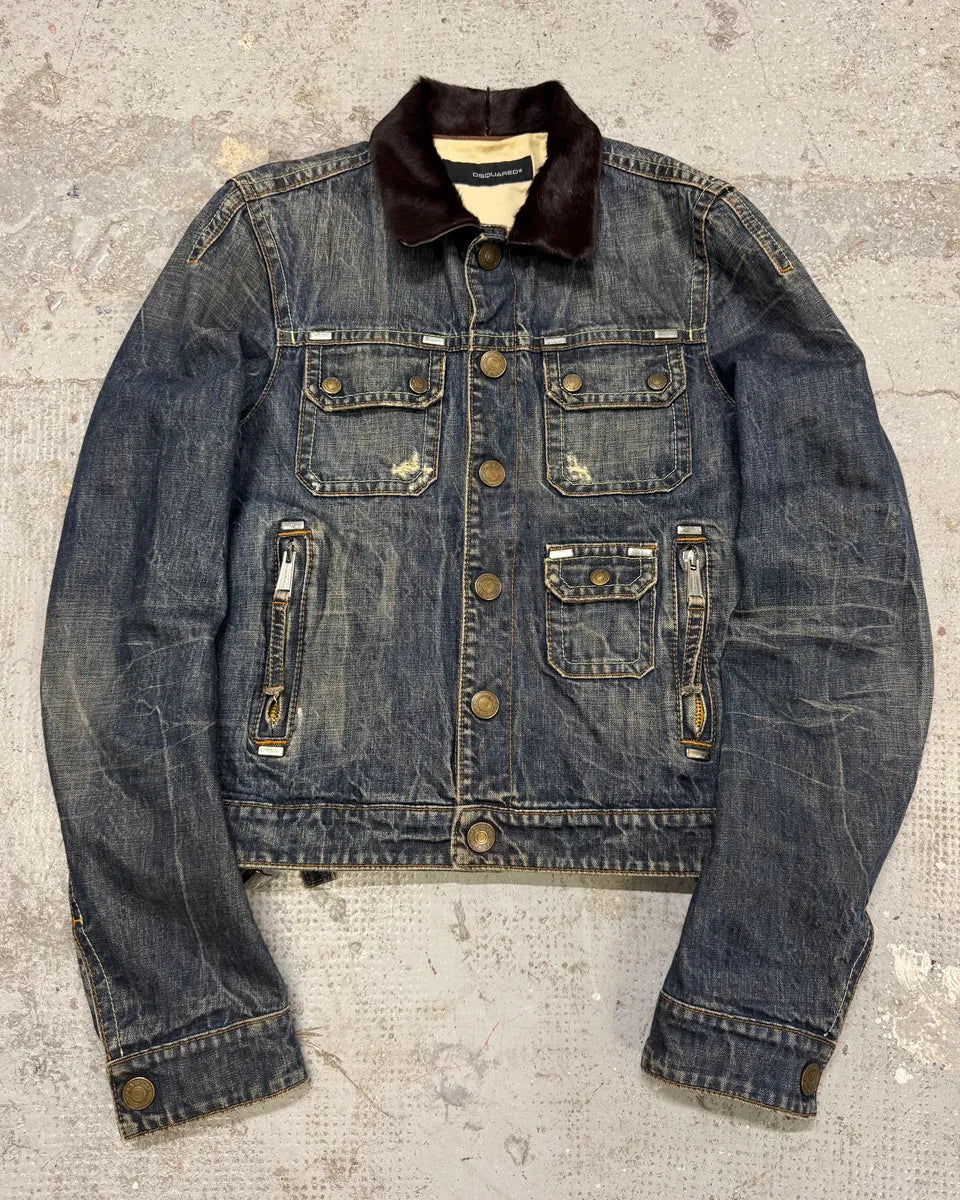 AW2005 Dsquared2 Pony Collar Distressed Denim Jacket PoLrGnx 0