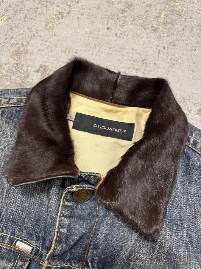 AW2005 Dsquared2 Pony Collar Distressed Denim Jacket PoLrGnx 1