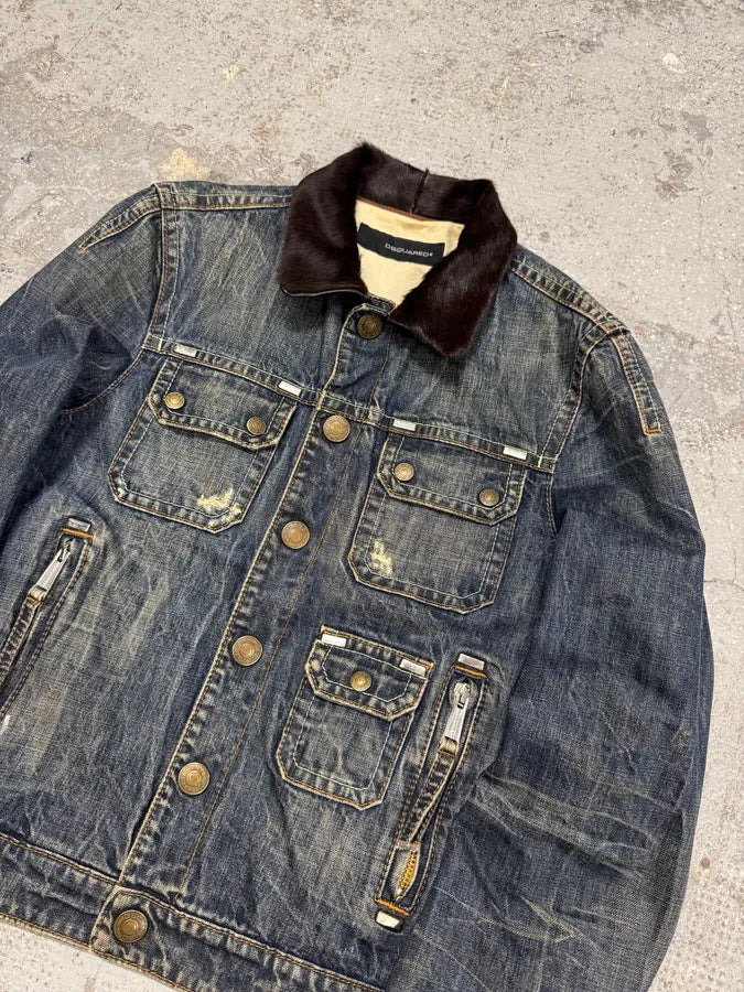 AW2005 Dsquared2 Pony Collar Distressed Denim Jacket PoLrGnx 2