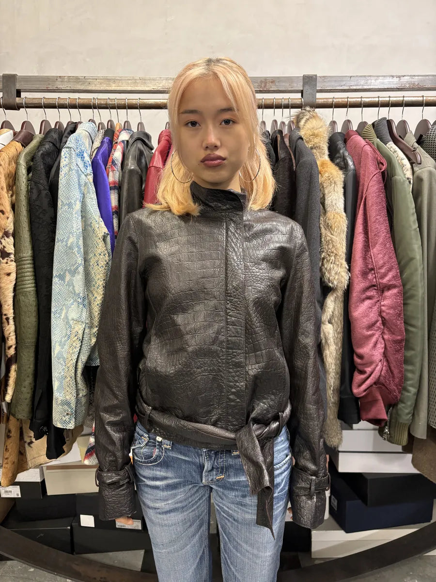 AW2005 Emporio Armani Asymmetrical Crocodile Effect Brown Leather Jacket WntVUBg 0