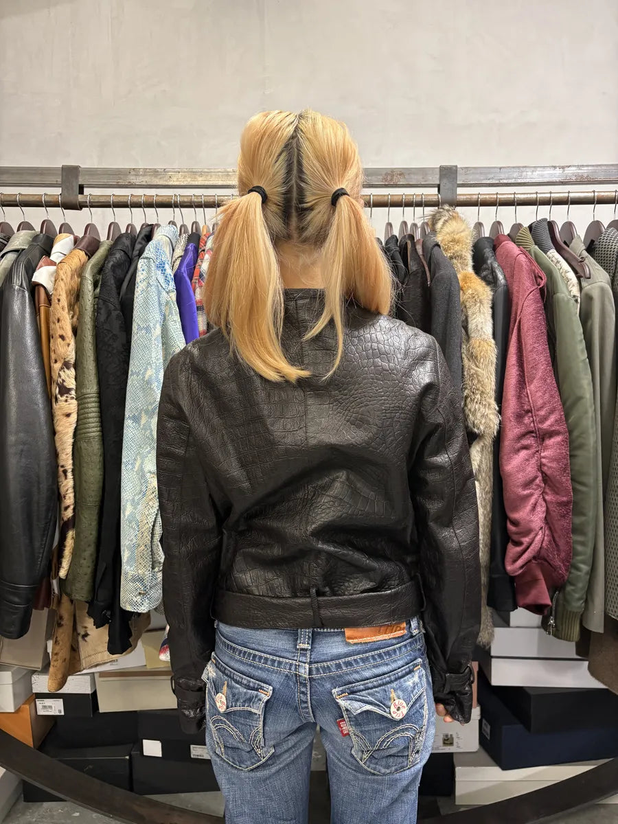 AW2005 Emporio Armani Asymmetrical Crocodile Effect Brown Leather Jacket WntVUBg 1