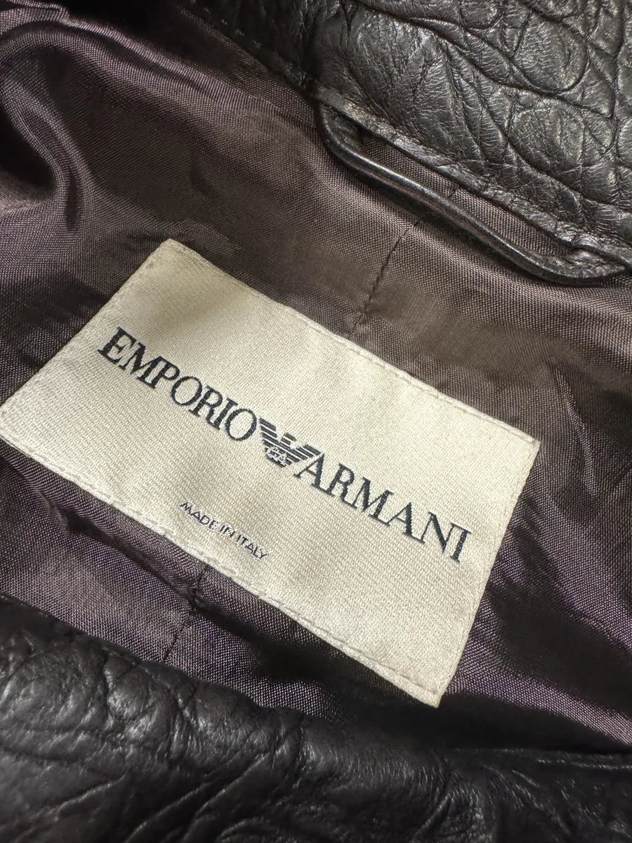 AW2005 Emporio Armani Asymmetrical Crocodile Effect Brown Leather Jacket WntVUBg 10