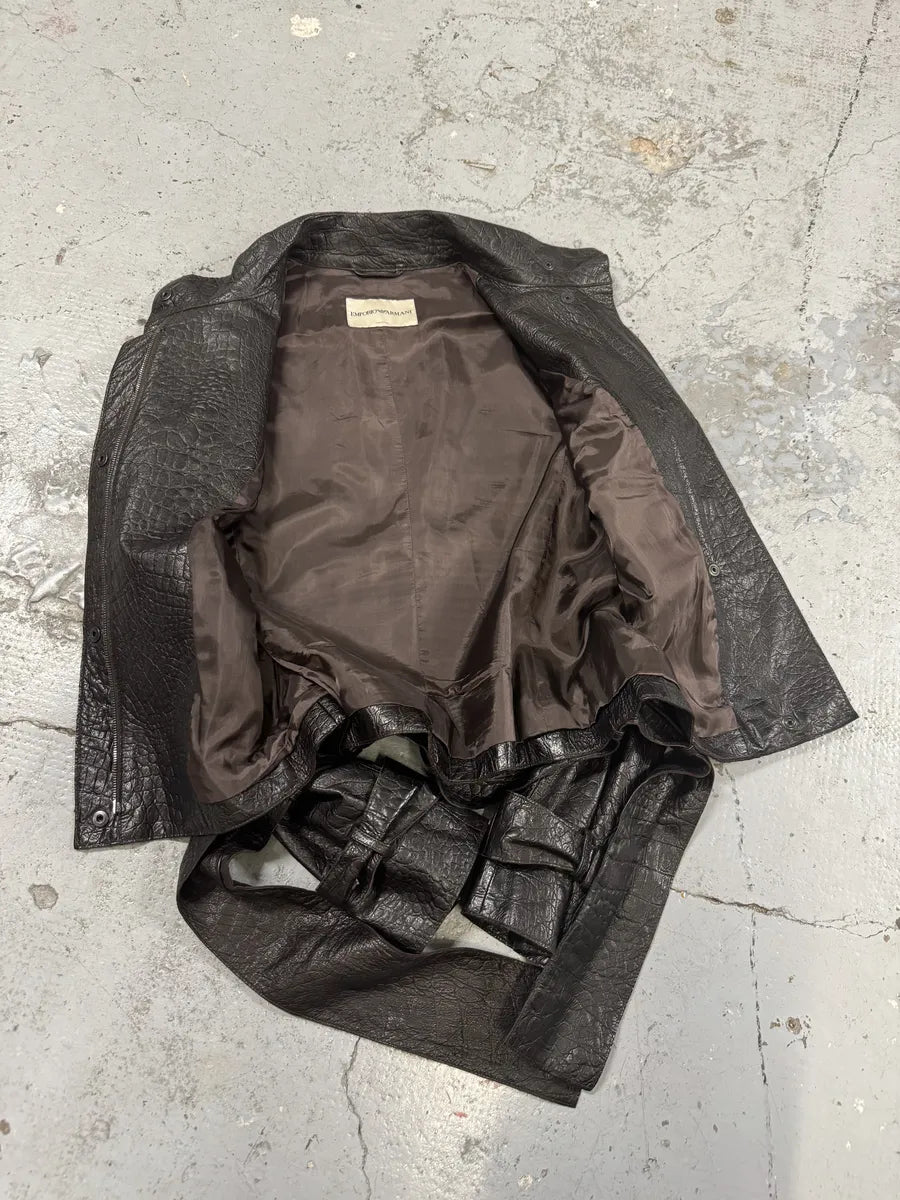 AW2005 Emporio Armani Asymmetrical Crocodile Effect Brown Leather Jacket WntVUBg 3