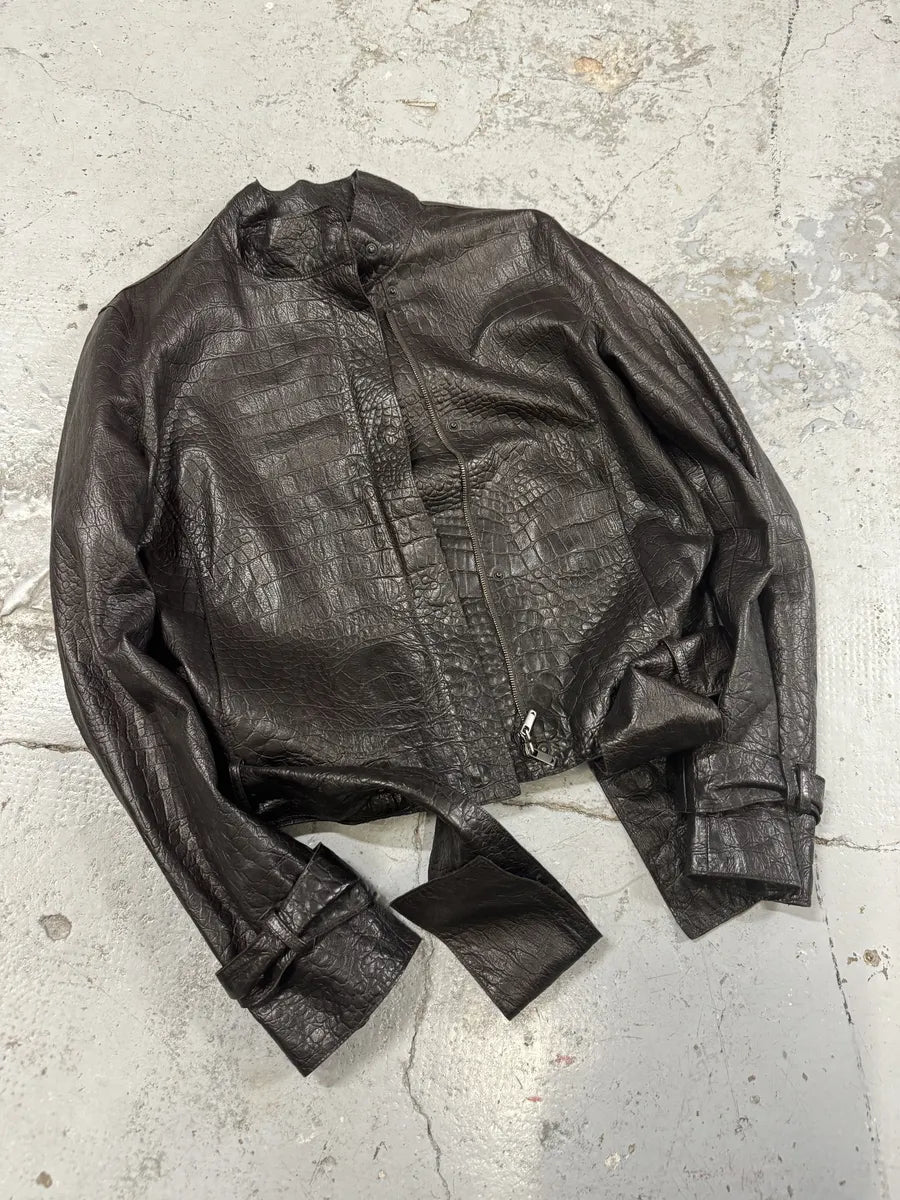 AW2005 Emporio Armani Asymmetrical Crocodile Effect Brown Leather Jacket WntVUBg 4