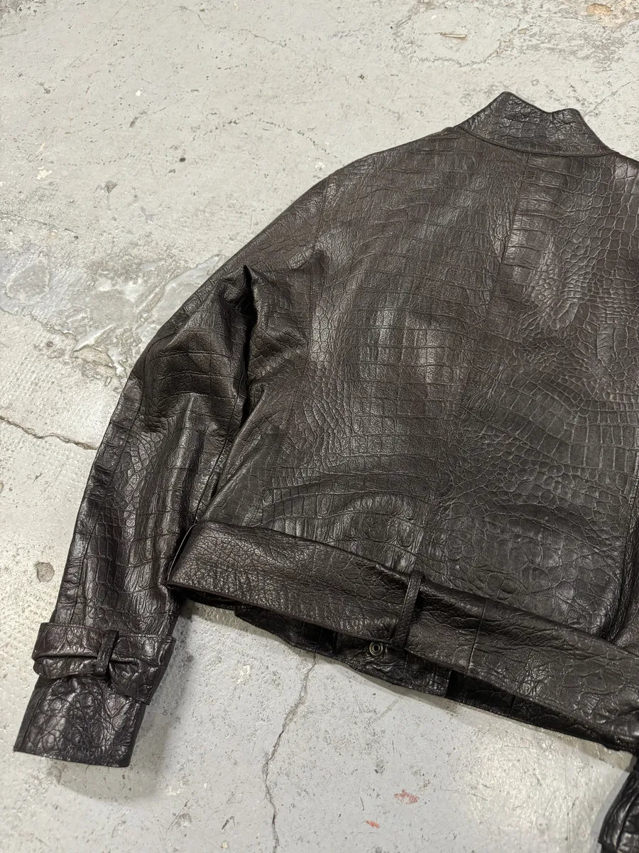 AW2005 Emporio Armani Asymmetrical Crocodile Effect Brown Leather Jacket WntVUBg 6
