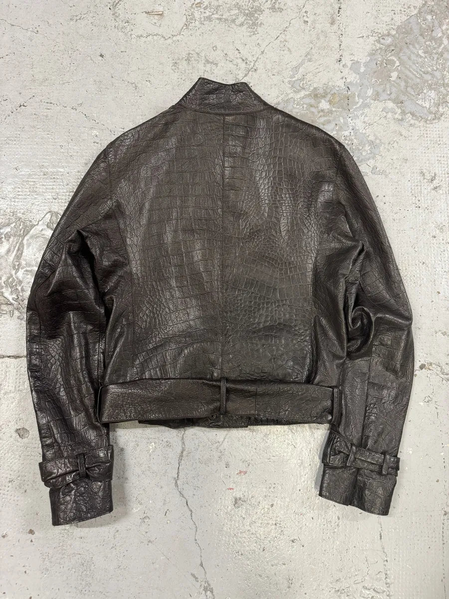 AW2005 Emporio Armani Asymmetrical Crocodile Effect Brown Leather Jacket WntVUBg 6
