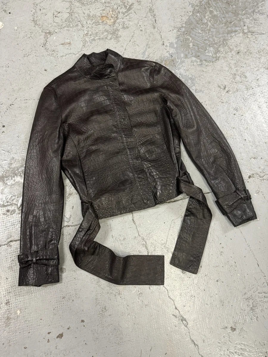 AW2005 Emporio Armani Asymmetrical Crocodile Effect Brown Leather Jacket WntVUBg 7