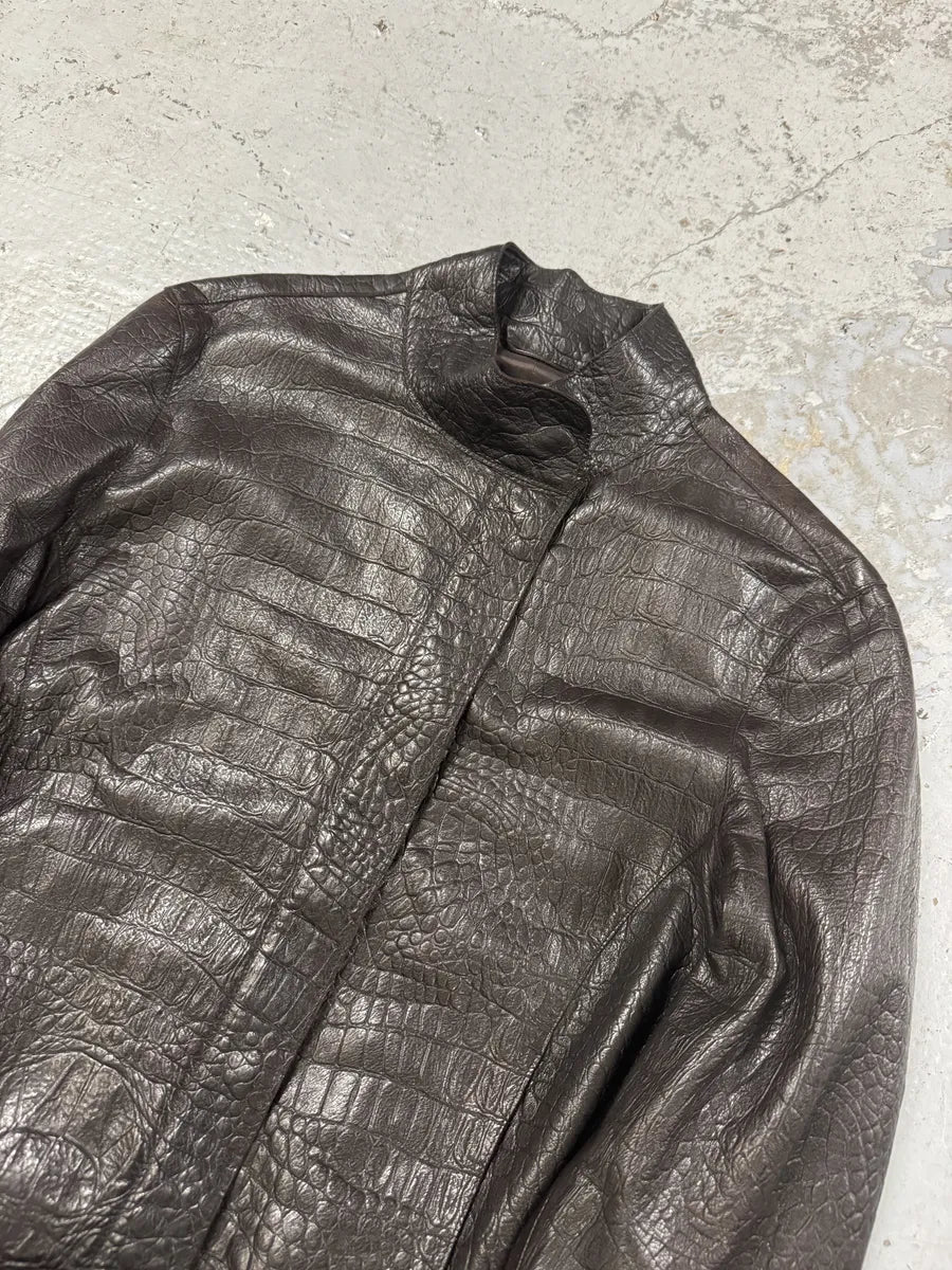 AW2005 Emporio Armani Asymmetrical Crocodile Effect Brown Leather Jacket WntVUBg 5