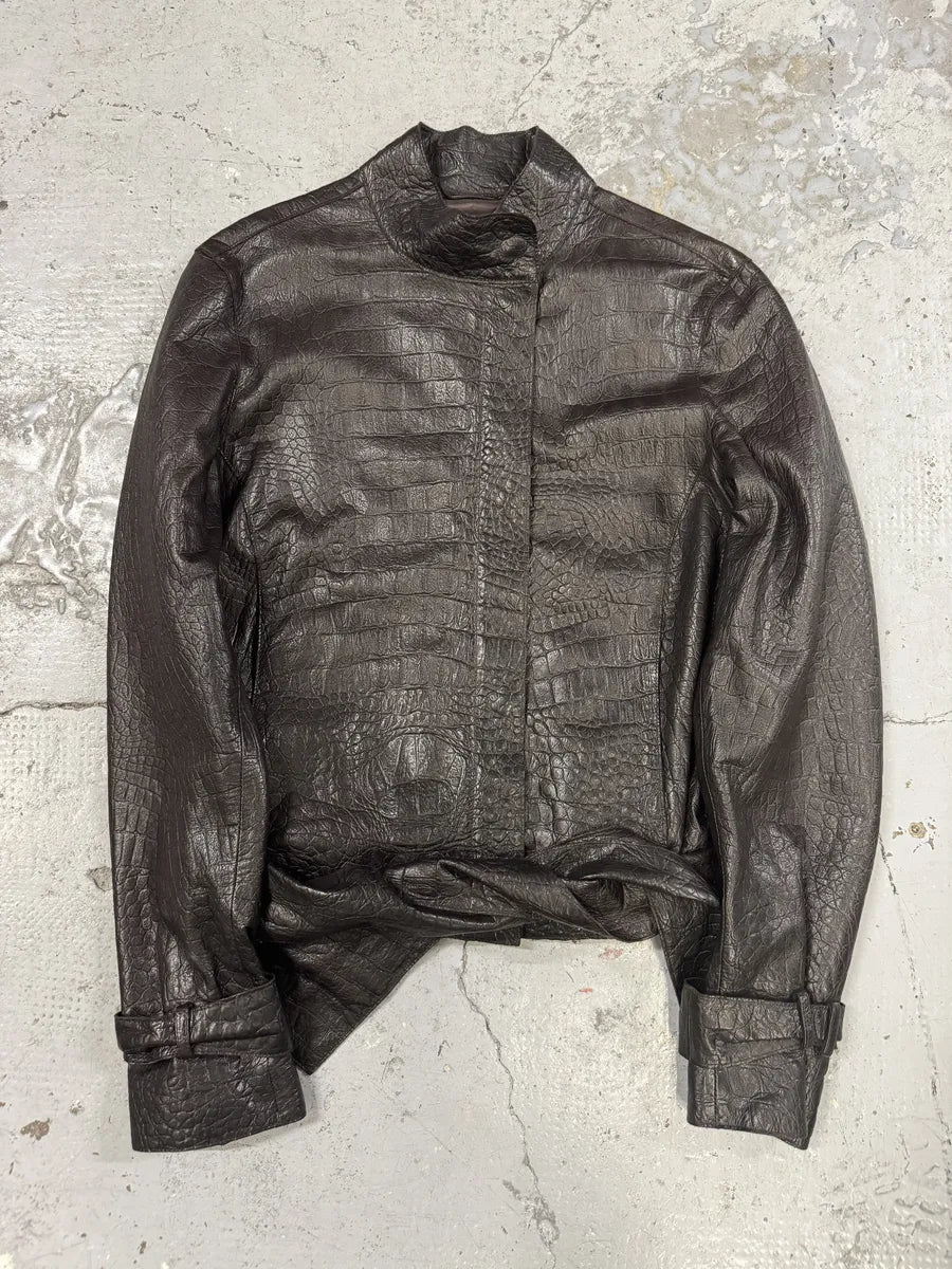 AW2005 Emporio Armani Asymmetrical Crocodile Effect Brown Leather Jacket WntVUBg 9