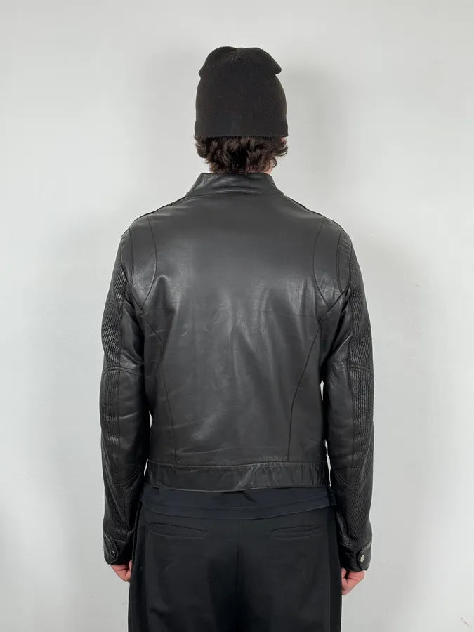 AW2005 Emporio Armani Biker Black Lines Leather Jacket qNTGVds 2
