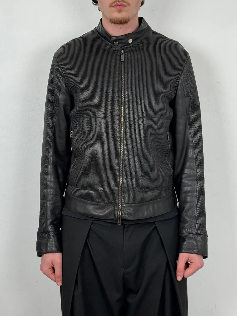 AW2005 Emporio Armani Biker Black Lines Leather Jacket qNTGVds 1
