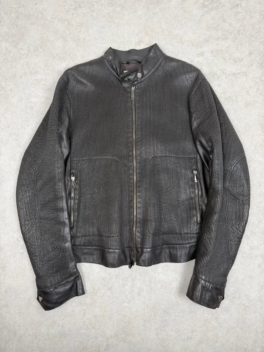 AW2005 Emporio Armani Biker Black Lines Leather Jacket qNTGVds 0
