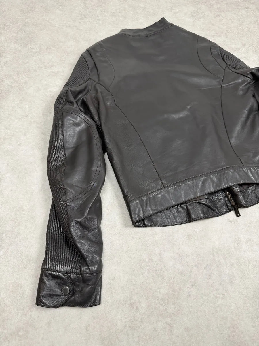 AW2005 Emporio Armani Biker Black Lines Leather Jacket qNTGVds 4