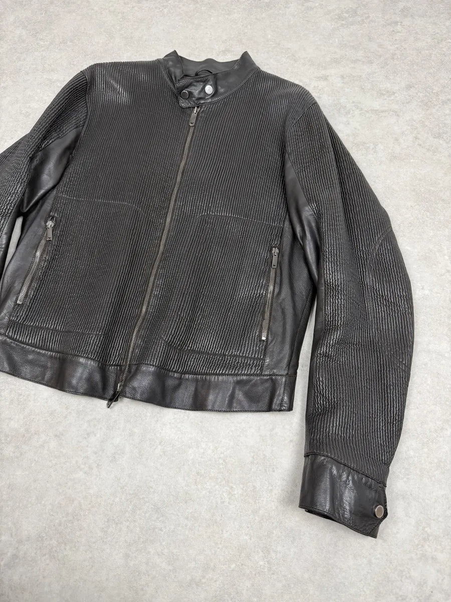 AW2005 Emporio Armani Biker Black Lines Leather Jacket qNTGVds 3