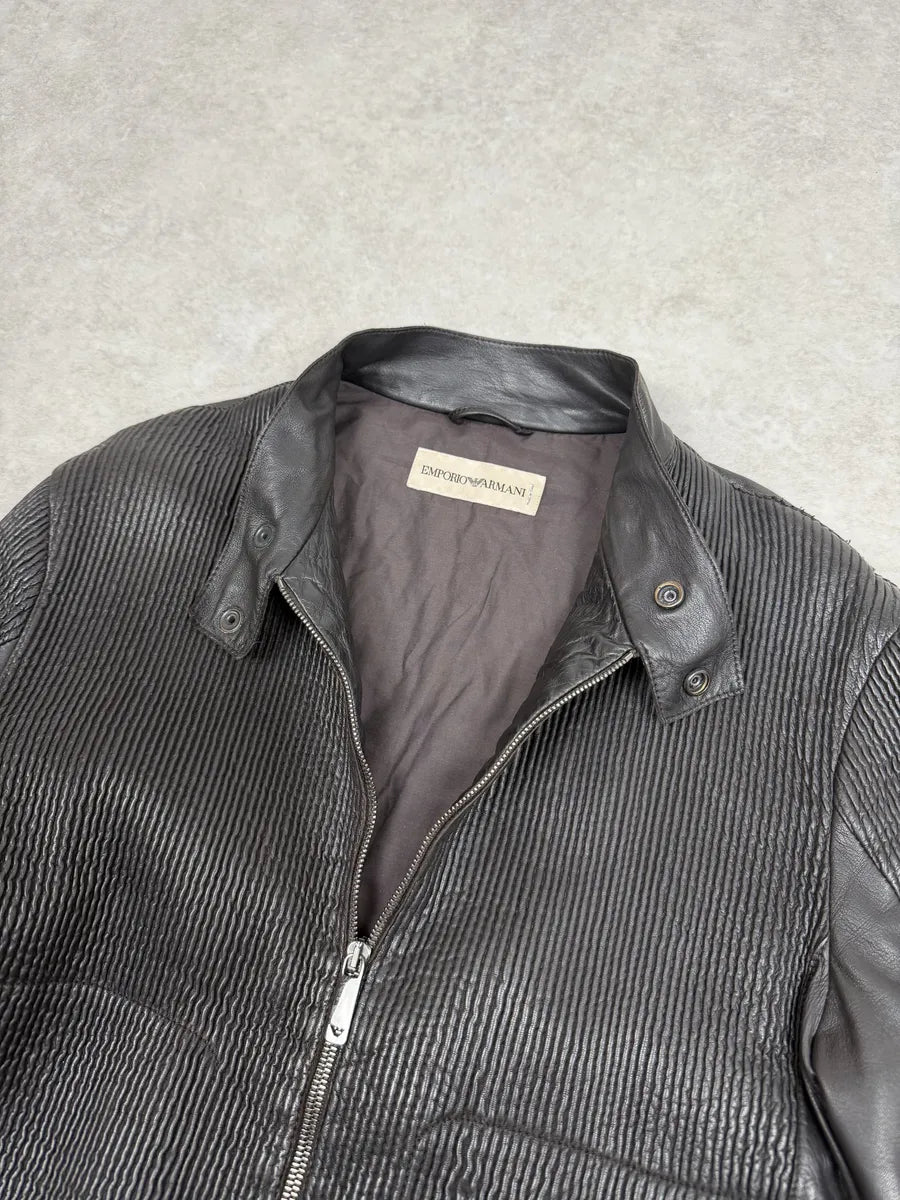 AW2005 Emporio Armani Biker Black Lines Leather Jacket qNTGVds 4