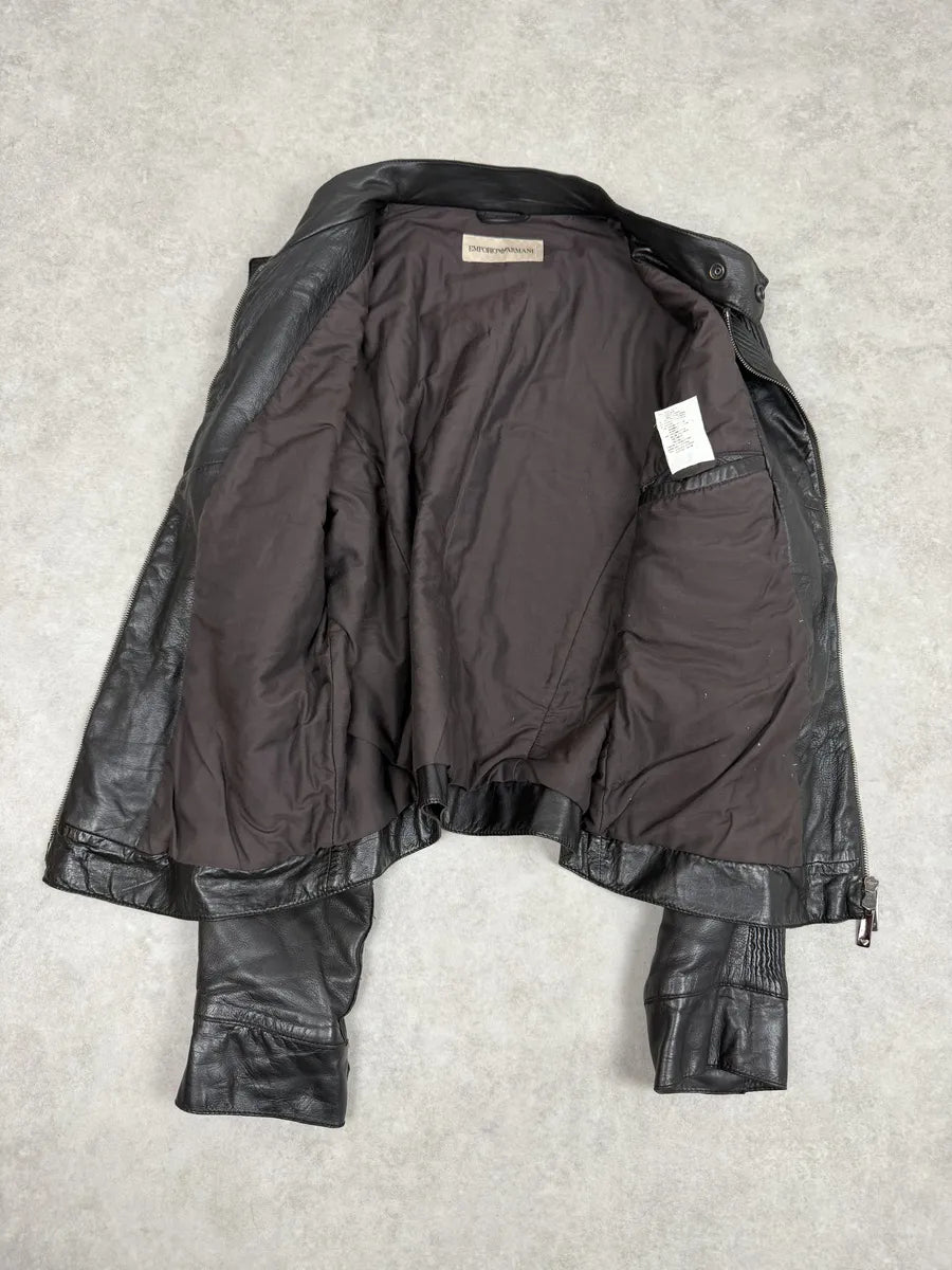 AW2005 Emporio Armani Biker Black Lines Leather Jacket qNTGVds 5