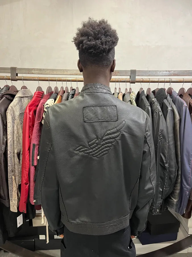 AW2005 Emporio Armani Black Leather Eagle Jacket hzlVQyS 2