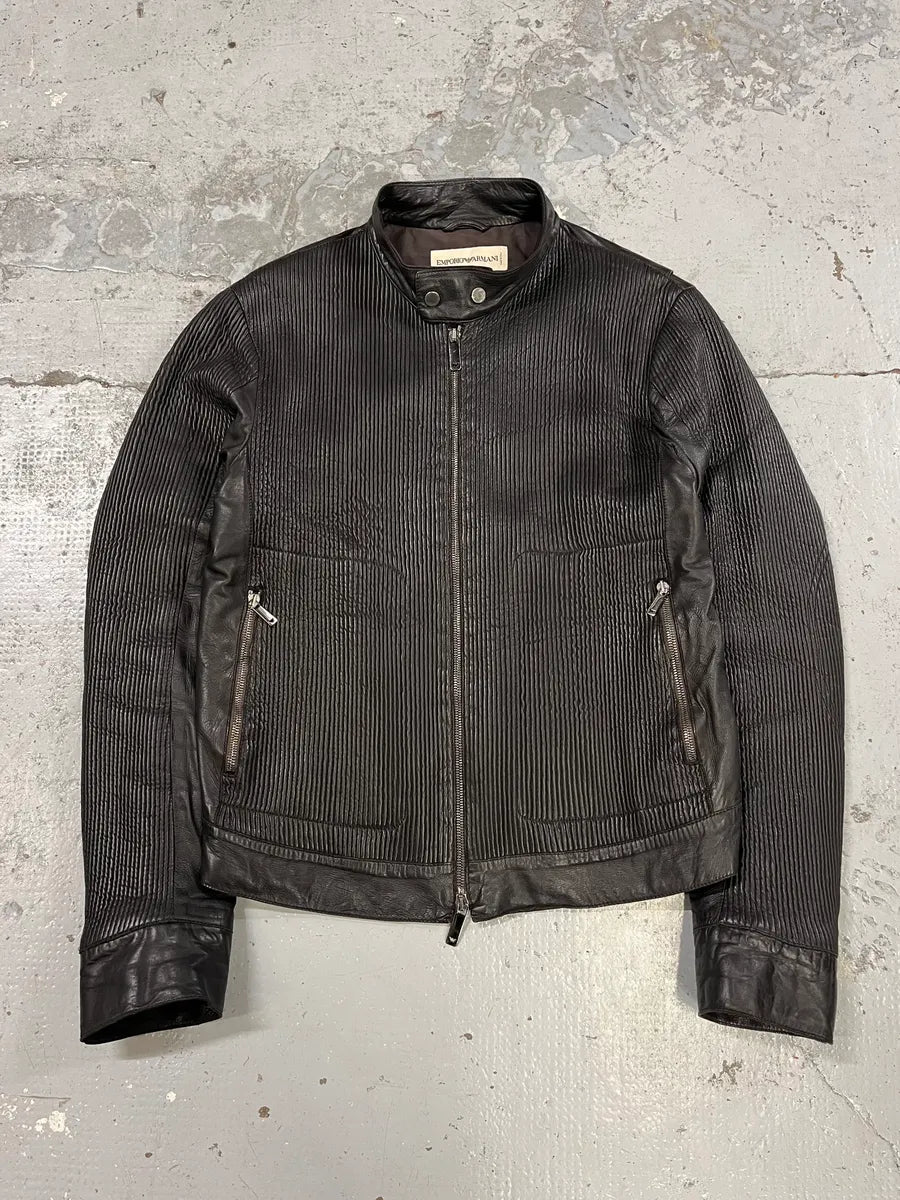 AW2005 Emporio Armani Plissed Effect Black Biker Leather Jacket fbcJliQ 0