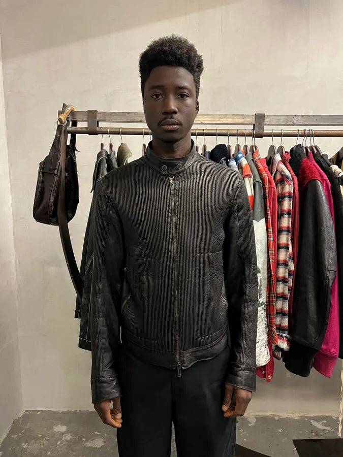 AW2005 Emporio Armani Plissed Effect Black Biker Leather Jacket fbcJliQ 1