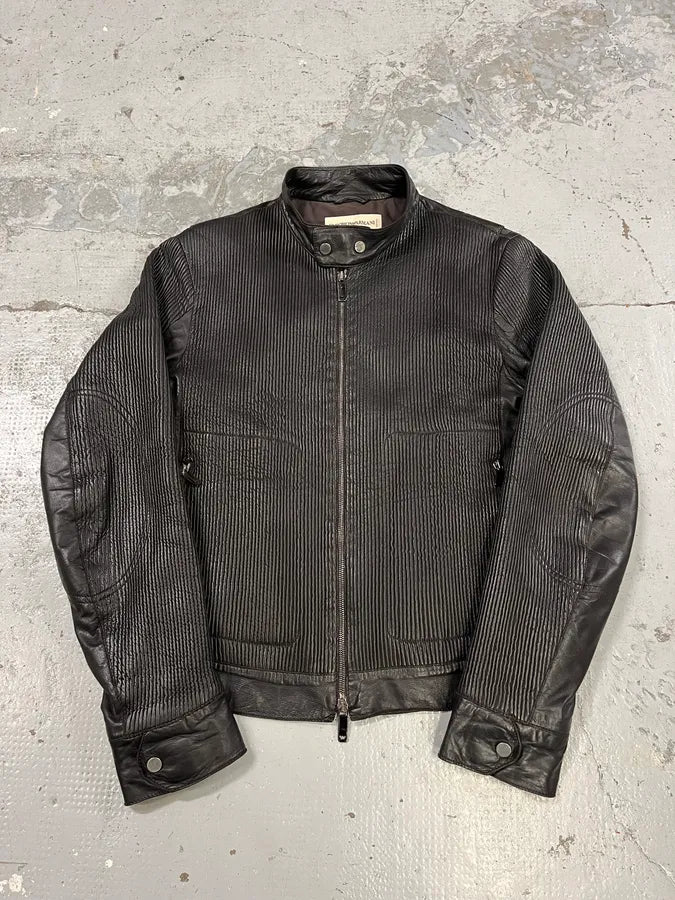 AW2005 Emporio Armani Plissed Effect Black Biker Leather Jacket fbcJliQ 12