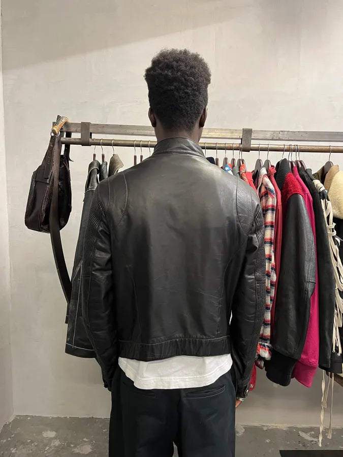 AW2005 Emporio Armani Plissed Effect Black Biker Leather Jacket fbcJliQ 2