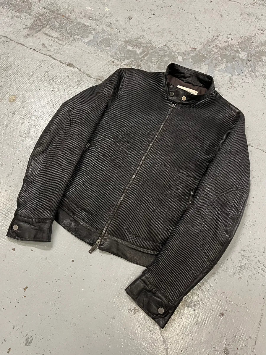 AW2005 Emporio Armani Plissed Effect Black Biker Leather Jacket fbcJliQ 3