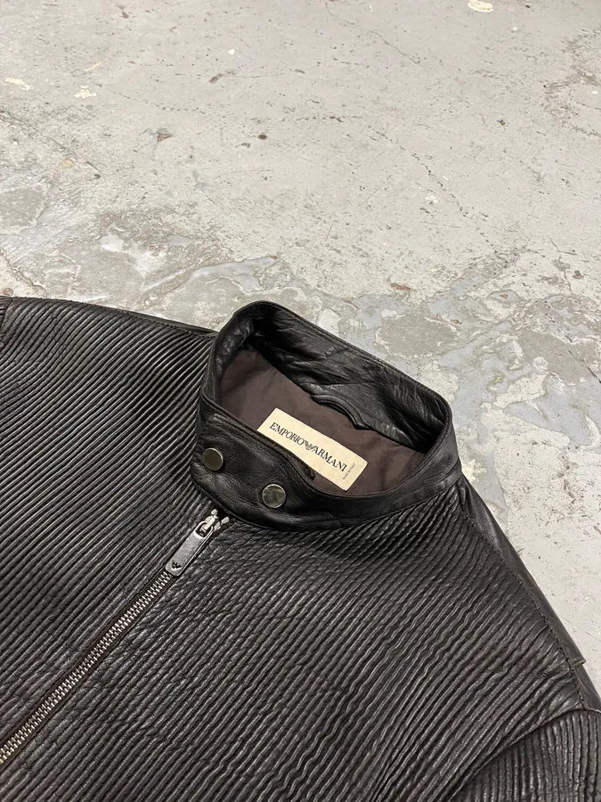 AW2005 Emporio Armani Plissed Effect Black Biker Leather Jacket fbcJliQ 4