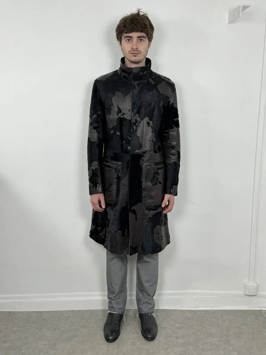 AW2005 Emporio Armani Pony Hair Cowhide Dark Brown Leather Trench Coat bGlGOyn 2