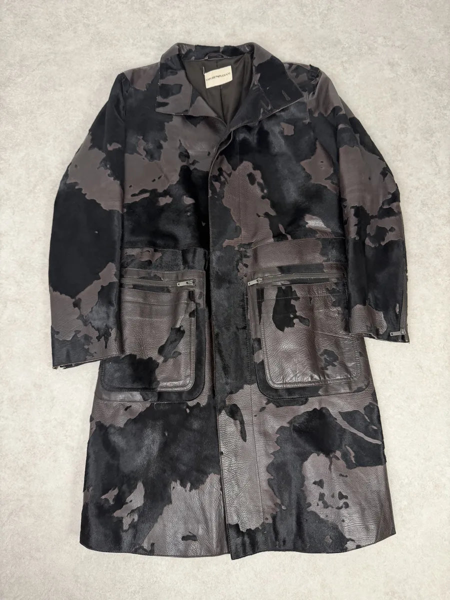 AW2005 Emporio Armani Pony Hair Cowhide Dark Brown Leather Trench Coat bGlGOyn 5