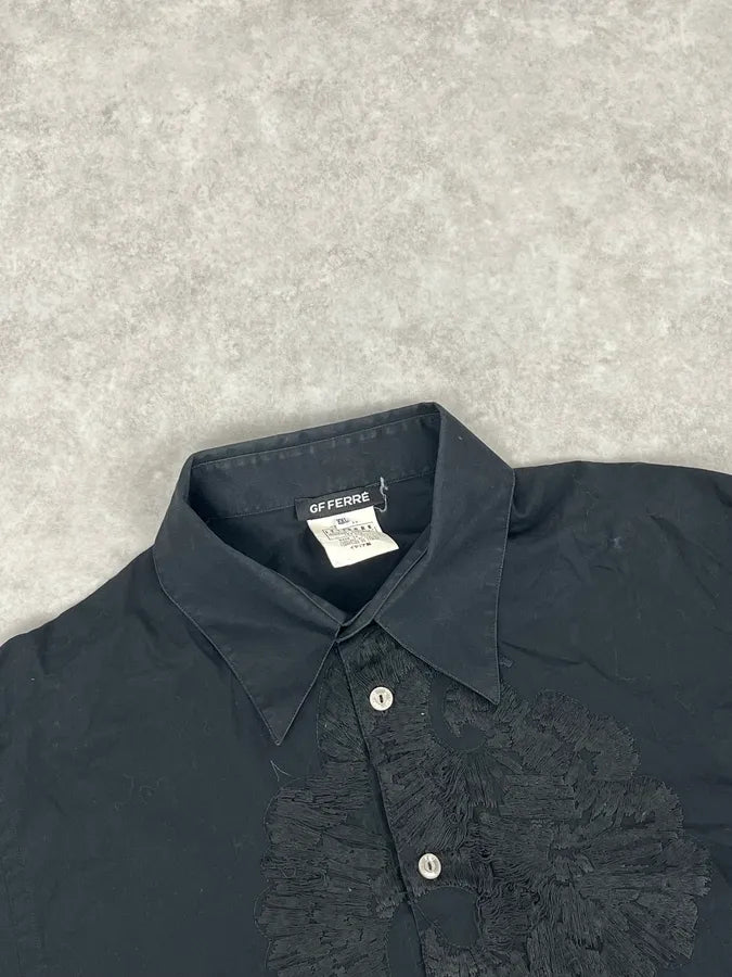 AW2005 Gianfranco Ferré Royal Embroidered Black Flowers Shirt YwimLiQ 3