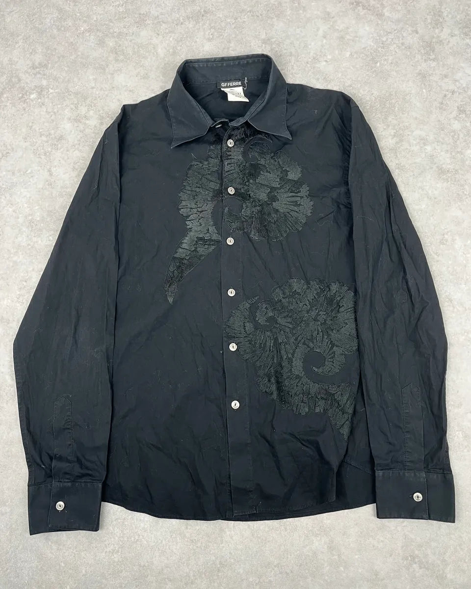 AW2005 Gianfranco Ferré Royal Embroidered Black Flowers Shirt YwimLiQ 0