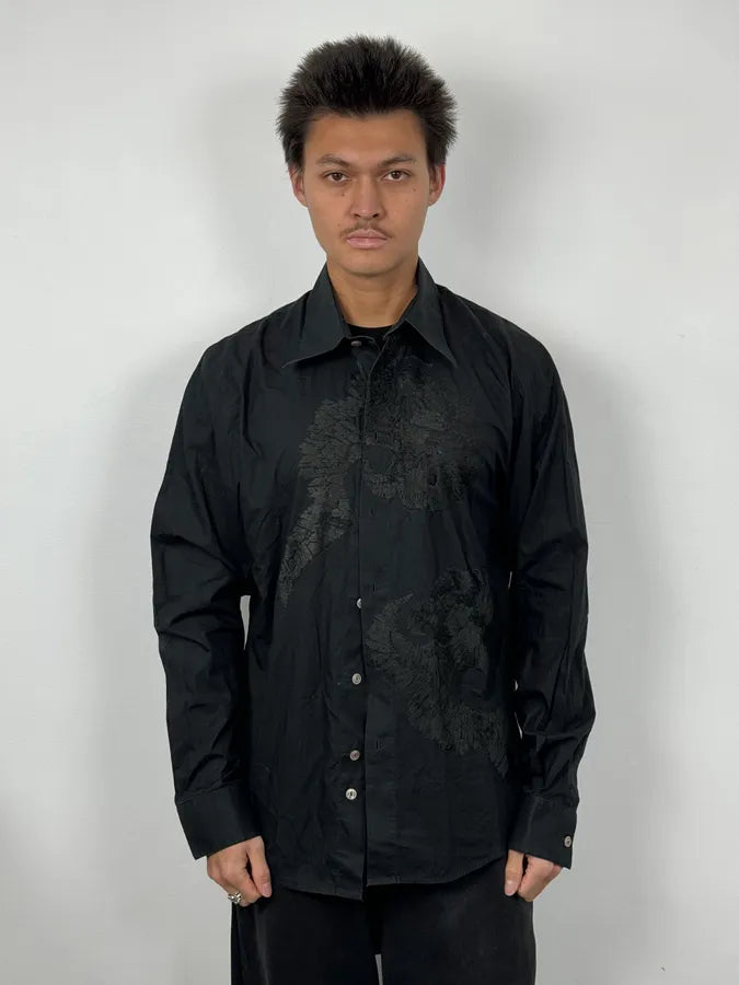 AW2005 Gianfranco Ferré Royal Embroidered Black Flowers Shirt YwimLiQ 1